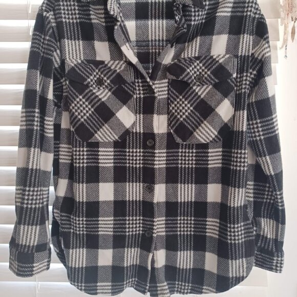 Just Polly NY Black White Plaid Fleece Shirt Womens XS Button Front Soft Flannel - Picture 3 of 4